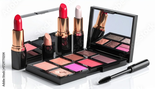 Collection of makeup products featuring lipsticks, eyeshadow palettes, and mascara arranged on a white surface, offering a pristine display of beauty and cosmetic essentials; the composition...