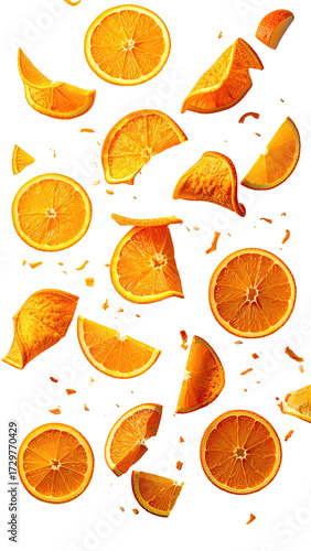 Orange slices in mid-air, vibrant and juicy
