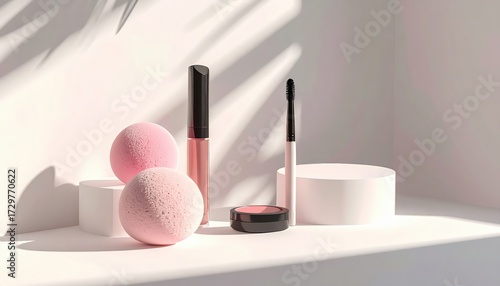 Minimalist composition showcases beauty and makeup essentials, featuring a lip gloss, blush, and a brush alongside spherical sponge applicators on a white, illuminated stage.