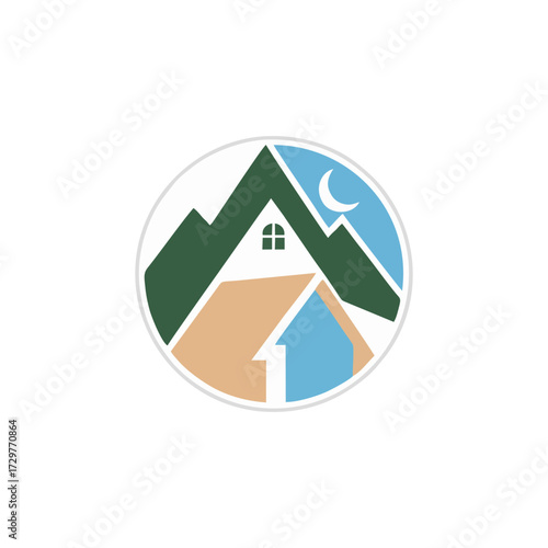 Elegant Mountain Villa Logo design featuring modern villa architecture alpine mountain landscape luxury resort branding identity clean flat vector for real estate property travel hospitality