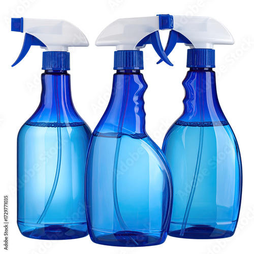 Three blue plastic spray bottles filled with liquid, positioned in a  'M' shape
