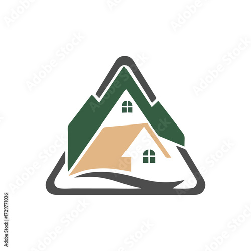 Luxury Mountain Villa Logo with Elegant Minimal Line Art Architecture and Scenic Nature Landscape Design for Resort Branding Real Estate Company and Outdoor Travel Adventure Business Identity