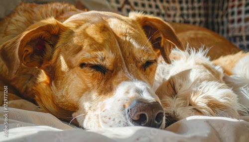 Two dogs rest peacefully together, bathed in warm sunlight indoors, creating a cozy atmosphere; one dog is larger and brown, and another is smaller and white, both snuggled up closely in a...