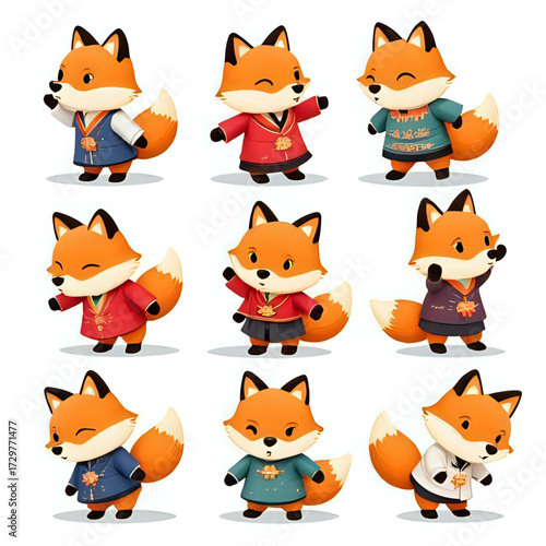 A set of nine cute three-dimensional Fox cartoons in various poses wearing traditional South Korean clothing.