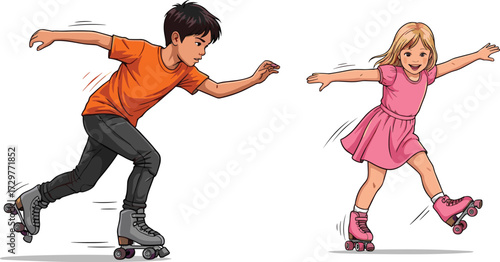Happy children roller skating together outdoors, boy in orange shirt and girl in pink dress enjoying fun activity and playful exercise.