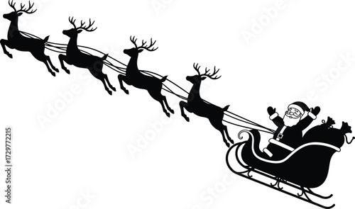 Santa Claus flying sleigh silhouette, reindeer team, Christmas holiday vector, festive winter illustration, black and white design, seasonal celebration, holiday tradition, decoration