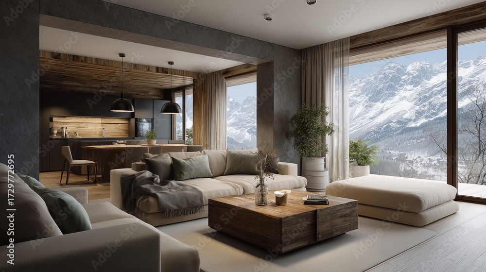 Fototapeta premium Serene Living Room with Mountain View: A beautifully designed, spacious living room offering a captivating mountain view, combining luxury with comfort.