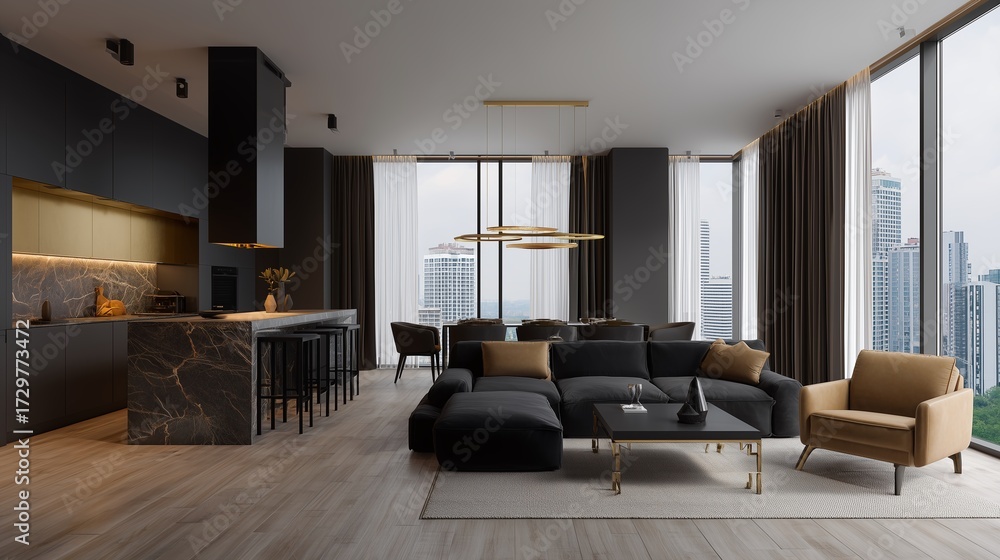 Fototapeta premium Modern Living Space: A sleek, modern living space embodies contemporary luxury. This image showcases a well-lit interior, with stylish furniture and panoramic windows framing a cityscape.