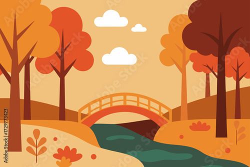 Vibrant autumn landscape with a picturesque bridge over a flowing river surrounded by colorful trees and fluffy clouds in a warm color palette