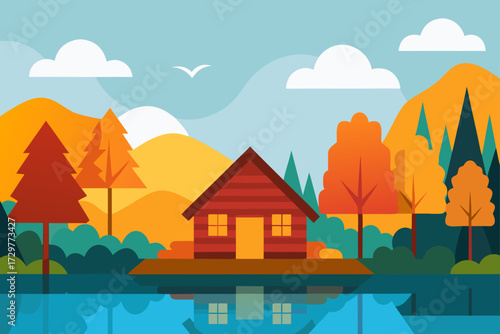 Cozy red cabin nestled by a tranquil lake surrounded by vibrant autumn trees and rolling hills under a clear sky with clouds and a bird