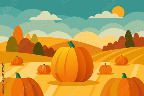 Vibrant autumn harvest scene with large pumpkins in a field under a colorful sky with rolling hills and stylized trees
