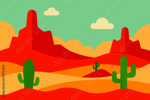 Vibrant flat illustration of a desert landscape with red rock formations green cacti and a teal sky with fluffy clouds