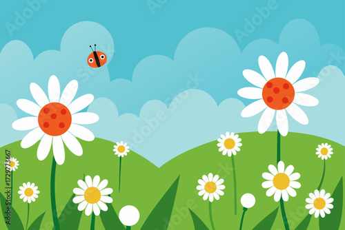 Charming cartoon illustration of a vibrant green meadow filled with cheerful daisies and a friendly ladybug flying under a bright blue sky with fluffy clouds