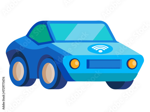 Stylized Blue Autonomous Vehicle with WiFi Symbol and Yellow Headlights