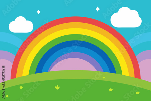 Vibrant cartoon rainbow arches over a lush green hill under a bright blue sky with fluffy white clouds and twinkling stars