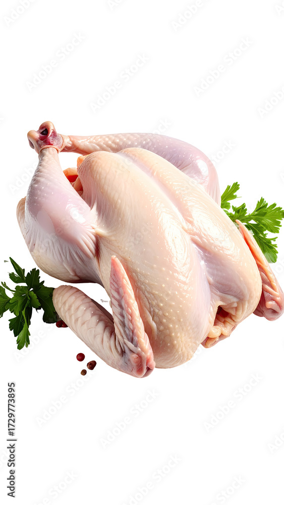 Naklejka premium Whole raw chicken resting on fresh herbs