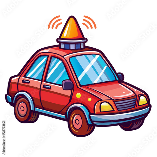 Cartoon illustration of a red car with a transmitting antenna on top