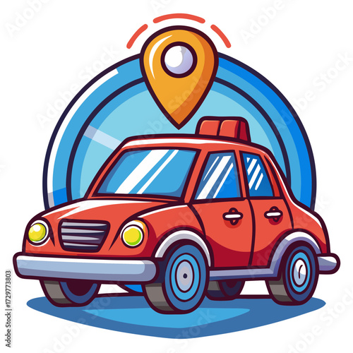 Cartoon red car with geolocation marker against a blue background circle