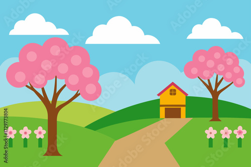 Charming cartoon illustration of a vibrant spring landscape with blooming pink trees a cozy yellow house and fluffy white clouds against a bright blue sky