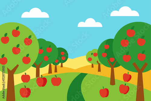 Vibrant cartoon illustration of a lush apple orchard with ripe red apples on trees and scattered on the ground under a bright blue sky with fluffy white clouds