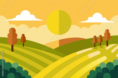Stylized flat design landscape with rolling hills trees and a bright sun in a warm orange sky with clouds