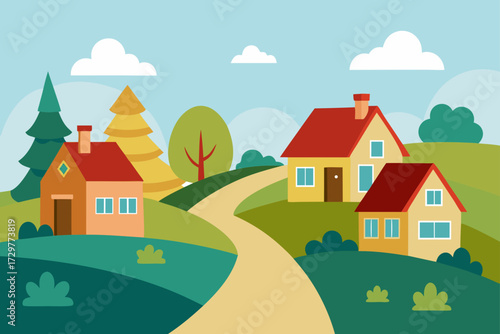 Charming illustration of a peaceful rural landscape with colorful houses trees and a winding path under a cloudy sky