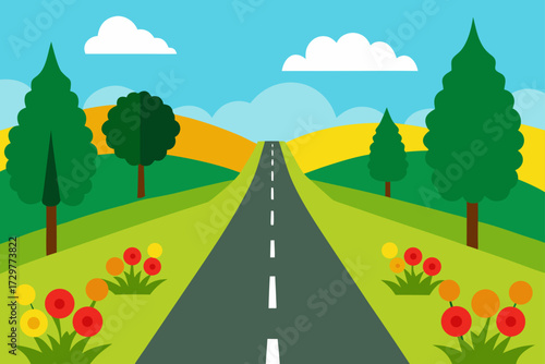 A vibrant stylized illustration of a straight asphalt road stretching into the distance through rolling green hills and yellow fields under a bright blue sky with fluffy white clouds