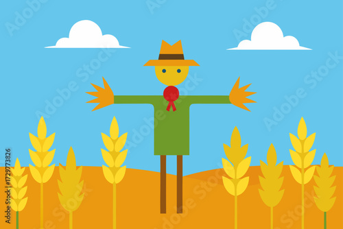 A friendly cartoon scarecrow stands in a golden wheat field under a clear blue sky with fluffy white clouds
