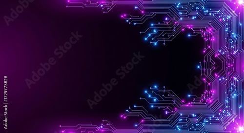 Dynamic glowing circuit board patterns with vibrant blue and purple neon lights illuminating a dark digital abstract background for technology innovation and data flow concepts