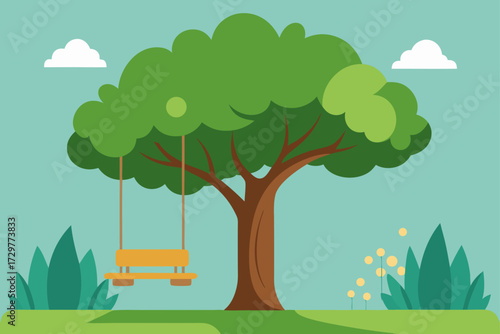 A charming cartoon illustration of a large green tree with a wooden swing hanging from its branches in a peaceful outdoor setting