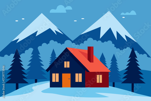 Cozy winter cabin nestled amidst snow covered mountains and pine trees under a clear blue sky