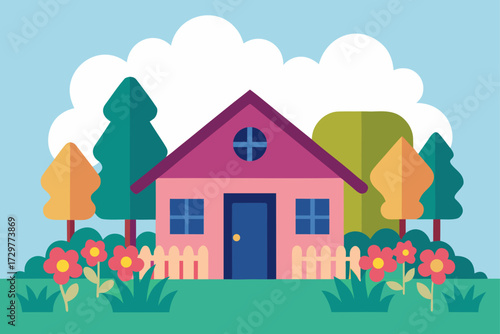 Charming cartoon house with colorful flowers trees and clouds in a vibrant idyllic landscape scene