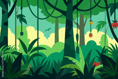 Vibrant flat design jungle landscape with lush greenery and hanging vines under a bright sky