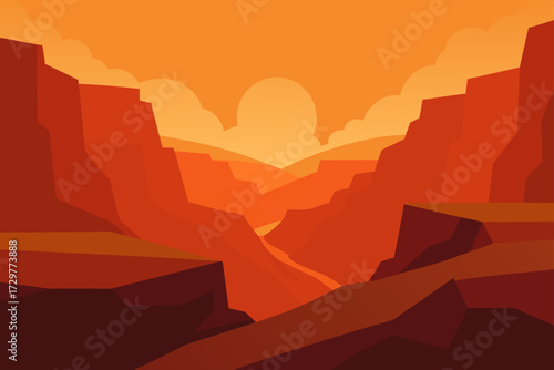 Vibrant flat design landscape illustration of a dramatic canyon at sunset with warm orange and red hues