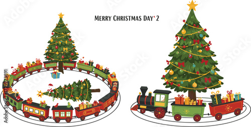 Christmas tree with gifts, festive holiday train set, decorated Christmas train illustration, winter holiday celebration, Merry Christmas greeting design
