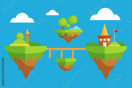 Fantasy floating islands connected by bridges with trees buildings and clouds against a blue sky background