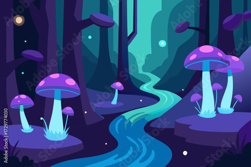 Enchanting fantasy forest with glowing mushrooms and a winding river under a twilight sky