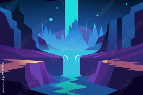 Vibrant alien landscape with glowing waterfalls and surreal rock formations under a starry night sky