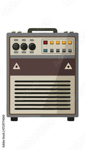 Cartoon illustration of a vintage audio amplifier with many controls, knobs