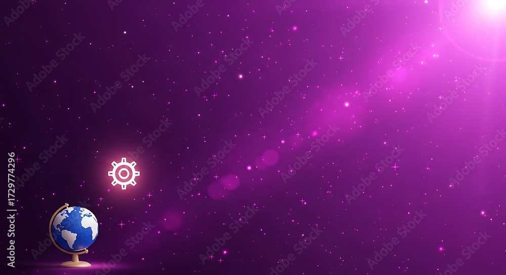 Obraz premium Global innovation concept with glowing gear icon floating above Earth globe against a vibrant starry purple galaxy background
