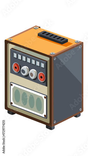 Isometric illustration of a stylized orange amplifier with various control knobs