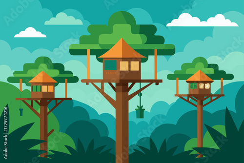 Three charming wooden treehouses nestled high in lush green trees with a vibrant blue sky and fluffy white clouds above