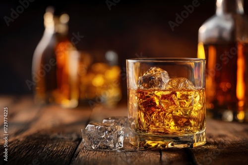 A tumbler filled with ice and amber liquid sits on a wood surface bottles blurred in the background