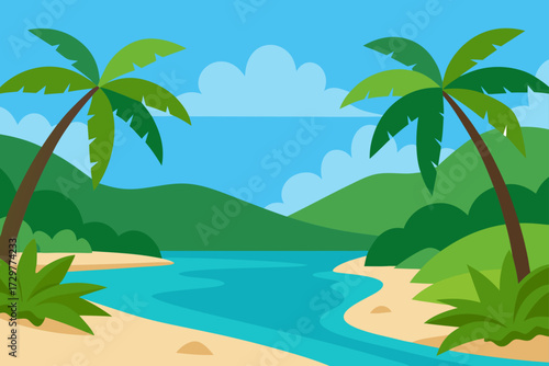 Vibrant tropical island landscape with palm trees lush green hills a sandy beach and clear blue water under a cloudy sky