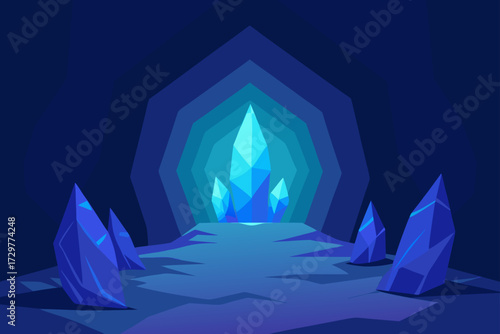 A mystical cave interior illuminated by glowing blue crystals and geometric rock formations in a dark blue environment