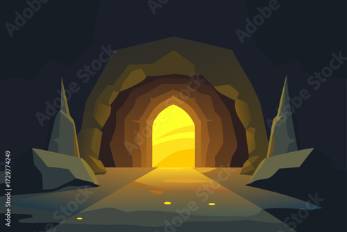 Mysterious cave entrance with bright golden light illuminating the path leading to an unknown destination