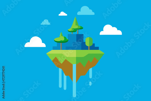 Stylized floating island with trees and buildings in a bright blue sky with clouds and water streams