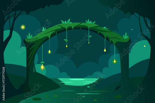 Enchanting forest archway with glowing orbs and a tranquil body of water at twilight