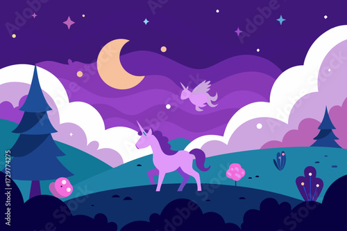 Magical purple night landscape with a unicorn and a winged unicorn under a crescent moon and starry sky