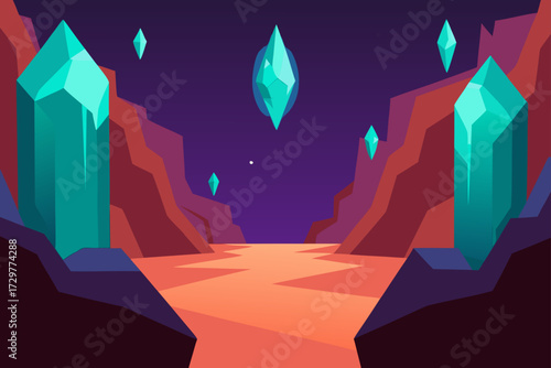 Surreal alien landscape with glowing turquoise crystals and a vibrant orange river under a deep purple sky